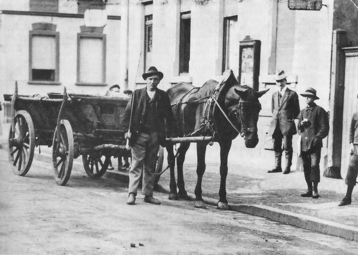 Historisches Foto: Pferdefuhrwerk, neben dem Pferd steht der Kutscher.